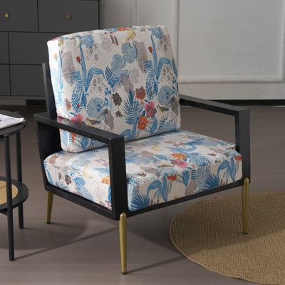Fauteuil rétro en velours avec cadre réglable et structure en métal, fauteuil Mid-Century moderne, revêtement floral bleu et pieds stables