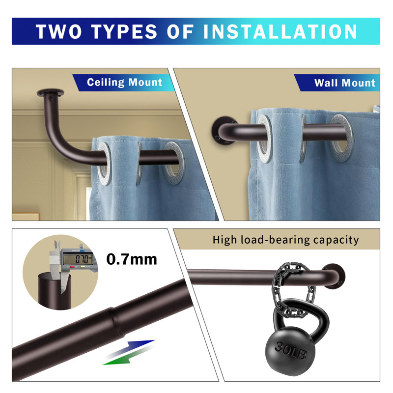 Aariel Steel Adjustable 1'' Single Curtain Rod, 52"-96", Bronze