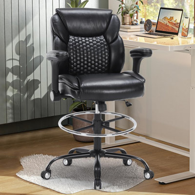Black Drafting Chair - Tall PU Leather Office Chair With Adjustable Armrests, Foot Ring (For Standing/Counter Height Desks, Mid-Back) by Inbox Zero