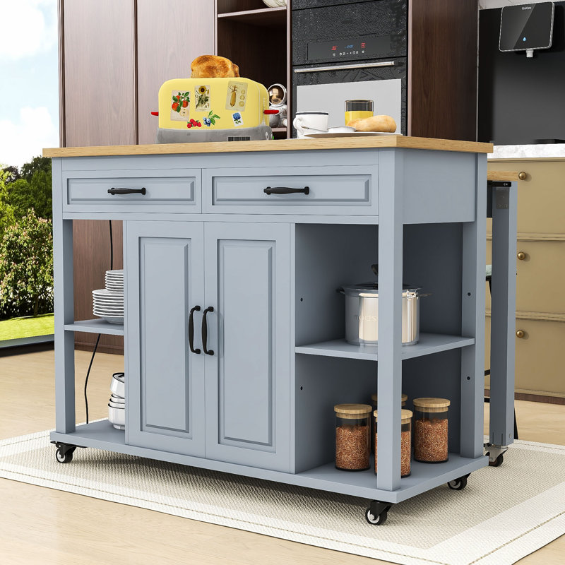 Chariot d'îlot de cuisine mobile extensible avec station de charge intégrée et rangement interne, Bleu gris