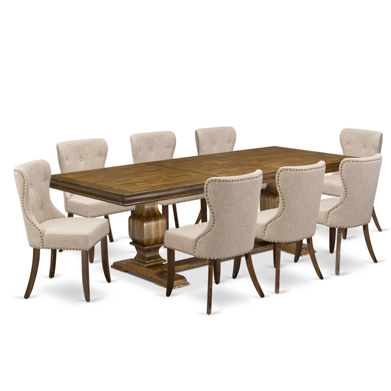 L'ensemble de cuisine pour salle à manger 9 pièces se compose d'une table de salle à manger de style Mid-Century et de 8 chaises de salle à manger en tissu de lin brun clair avec dossier capitonné - Finition noyer antique