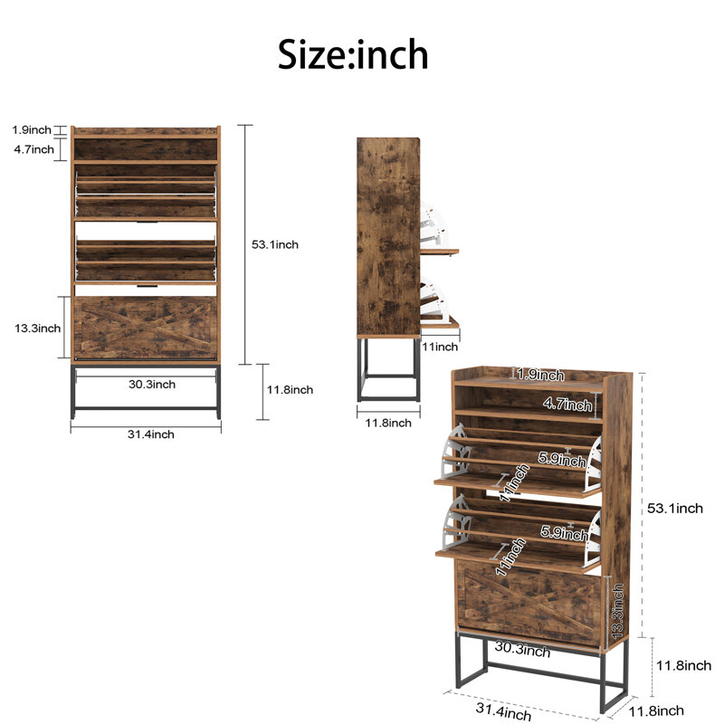 Armoire de rangement pour chaussures en bois autoportante avec 3 tiroirs rabattables et une tablette ouverte