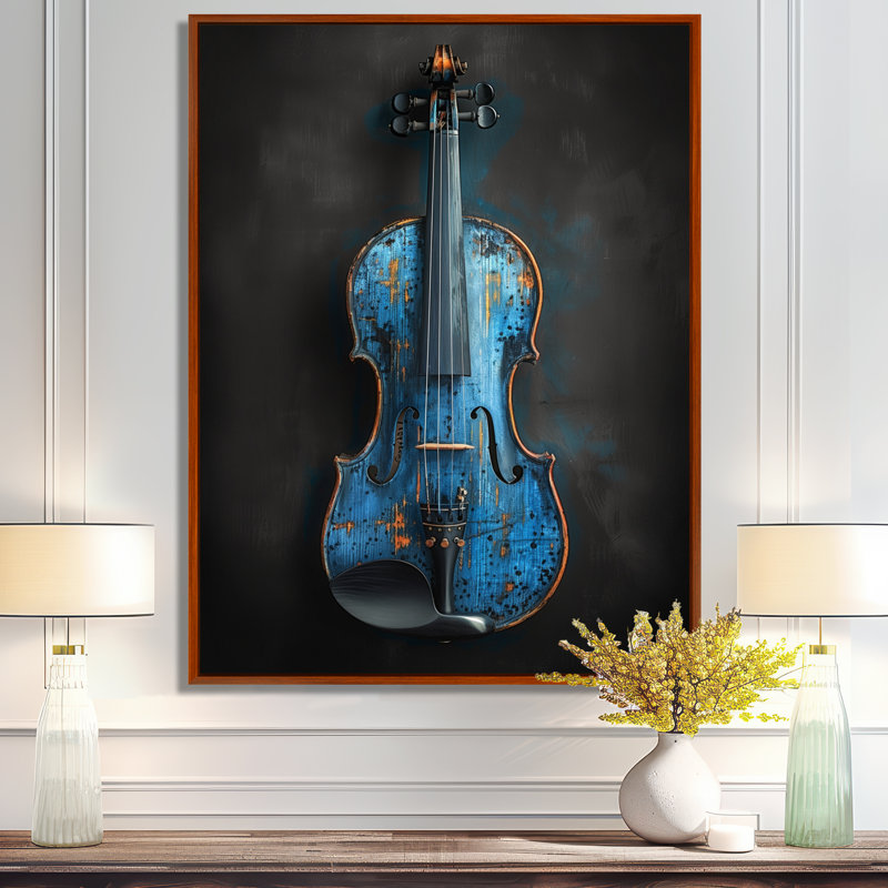 Charme de violon monochrome gris et bleu - musique Jazz Art mural, Cadre flottant brun, 32" H x 24" W