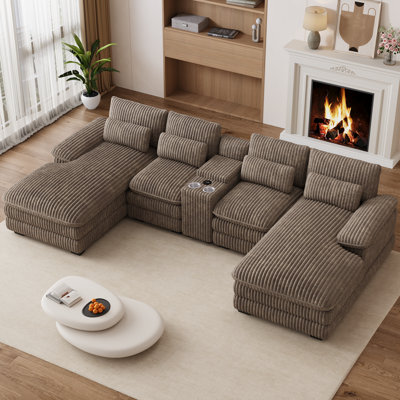 132.5" Oversized Corduroy U Shaped Sectional Sofa With Storage Console And Double Chaise