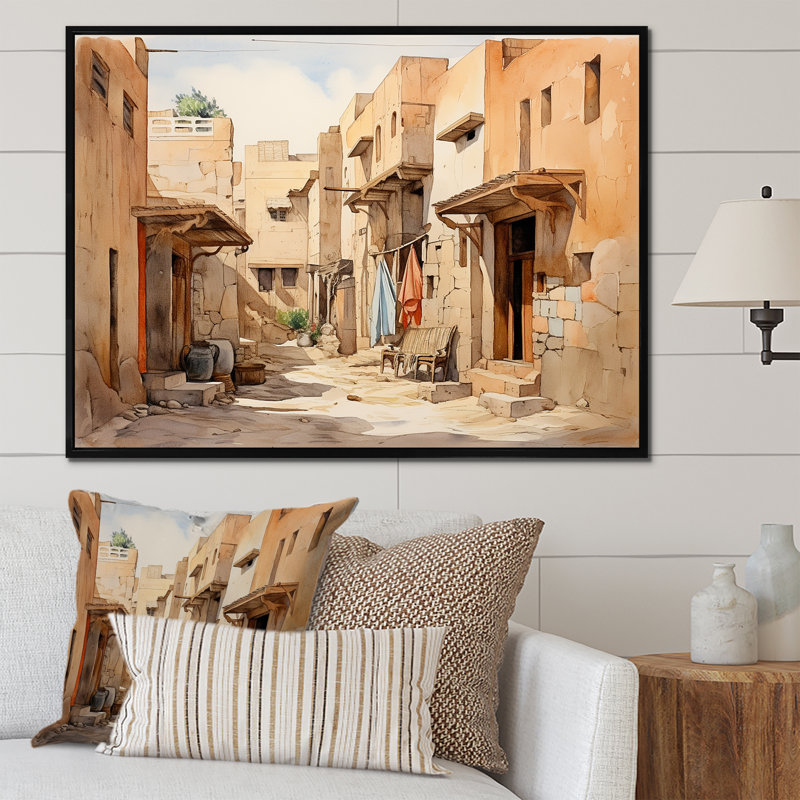 Village urbain, Sables de l'Égypte III - Égypte, art mural, Cadre flottant noir, H 16 po x l 32 po x P 1 po