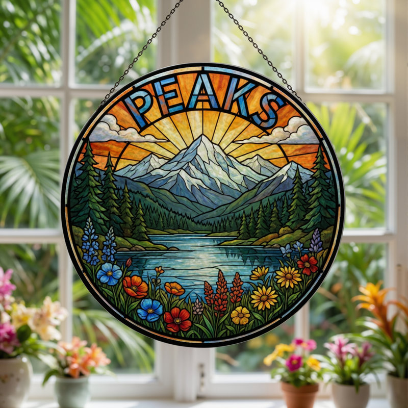 12"H Mountain Landscape Stained Glass Window Panel, 12" H x 12" W