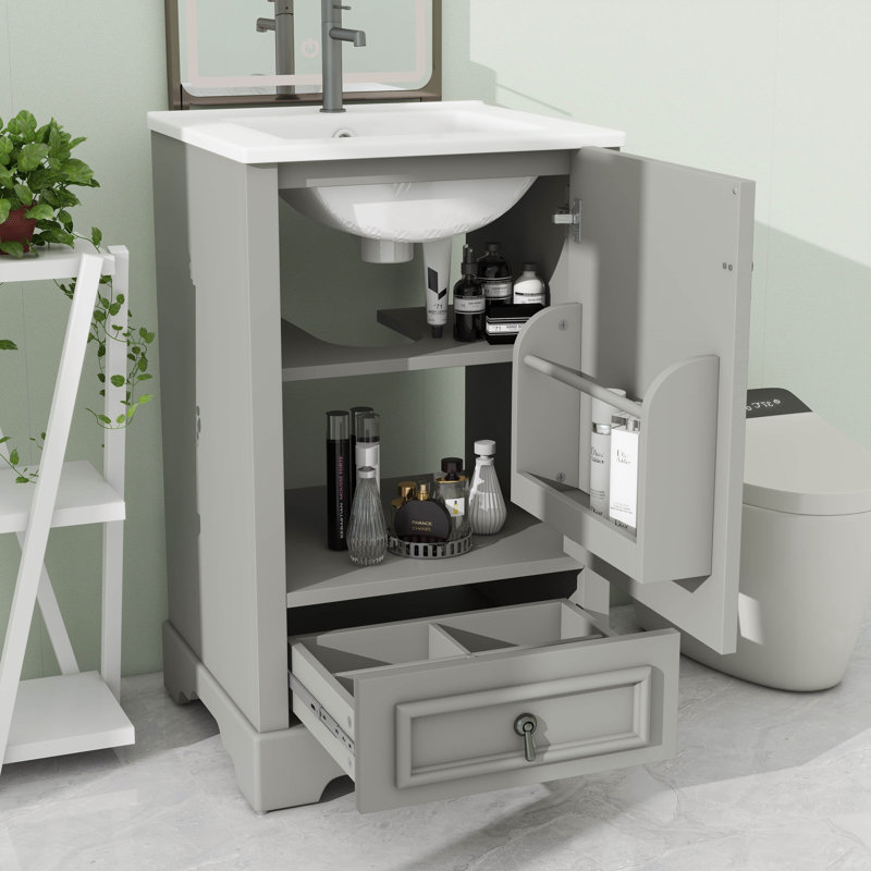Meuble-lavabo de 20 po avec tiroir de rangement intégré et porte en U ajustable, Gris, Nickel brossé