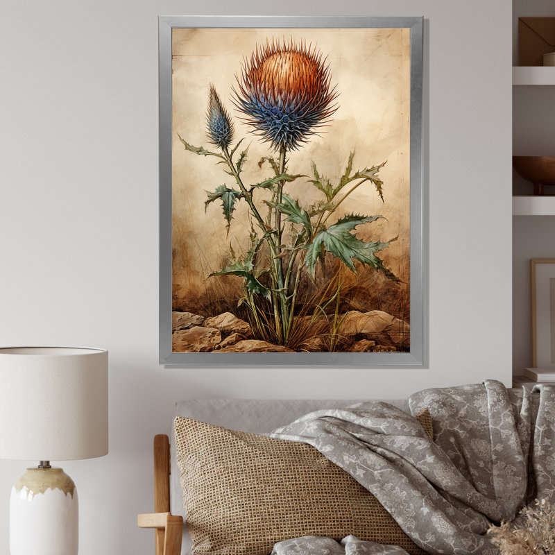 Art floral rétro chardon rétro 3 - chardon, Cadre simple argenté, H 44 po x l 34 po x P 1,5 po