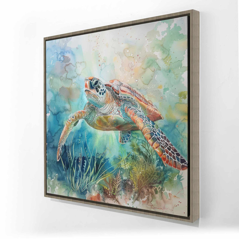 Tortue, toile encadrée turquoise
