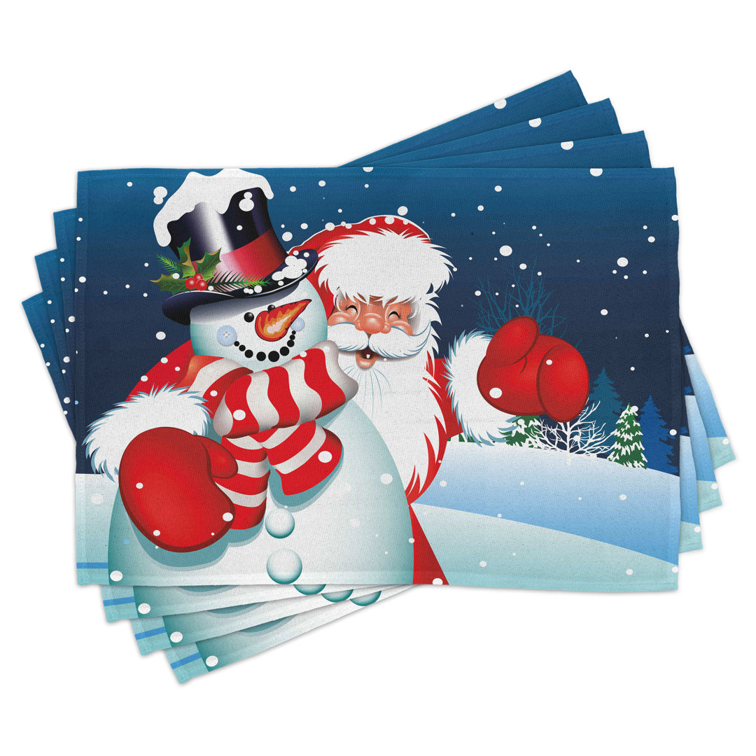 Platzdeckchen 4er Set, Weihnachtsmann Schneemann Umarmung, Blau Rot Weiß