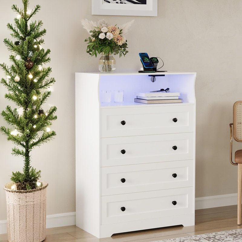 Grande commode 4 tiroirs avec lumière DEL et chargement USB, commode verticale moderne pour chambre à coucher, placard, entrée, chambre de bébé, salon