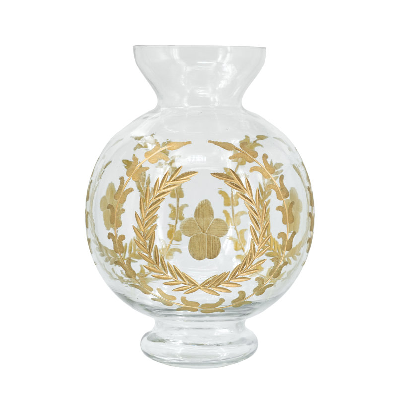Glass Vase with Gold Floral Motifs - 6"Dia. x 8.5" - Clear/Gold