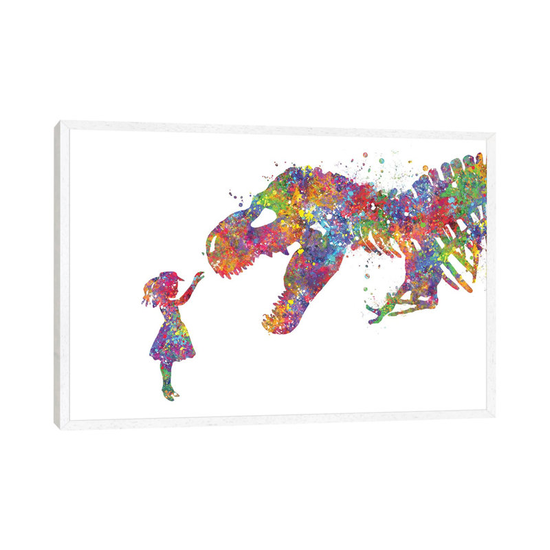 T-Rex And Girl by Genefy Art - Print on Canvas, 66.04cm H x 101.6cm W x 3.81cm D, White Framed