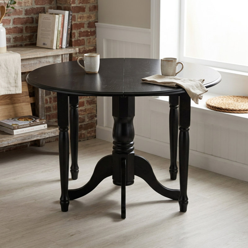 Ensemble de table ronde et de chaises de salle à manger en bois d'hévéa noir clair et tissu lin, avec pied central et 2 chaises Parson pour 2 personnes.