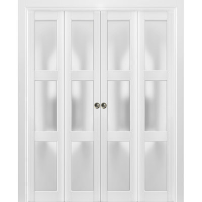 Sliding Closet Double Bi-Fold Doors | Lucia 2552 With Frosted Glass | Sturdy Tracks Moldings Trims Hardware Set | Wood Solid Bedroom Wardrobe Doors