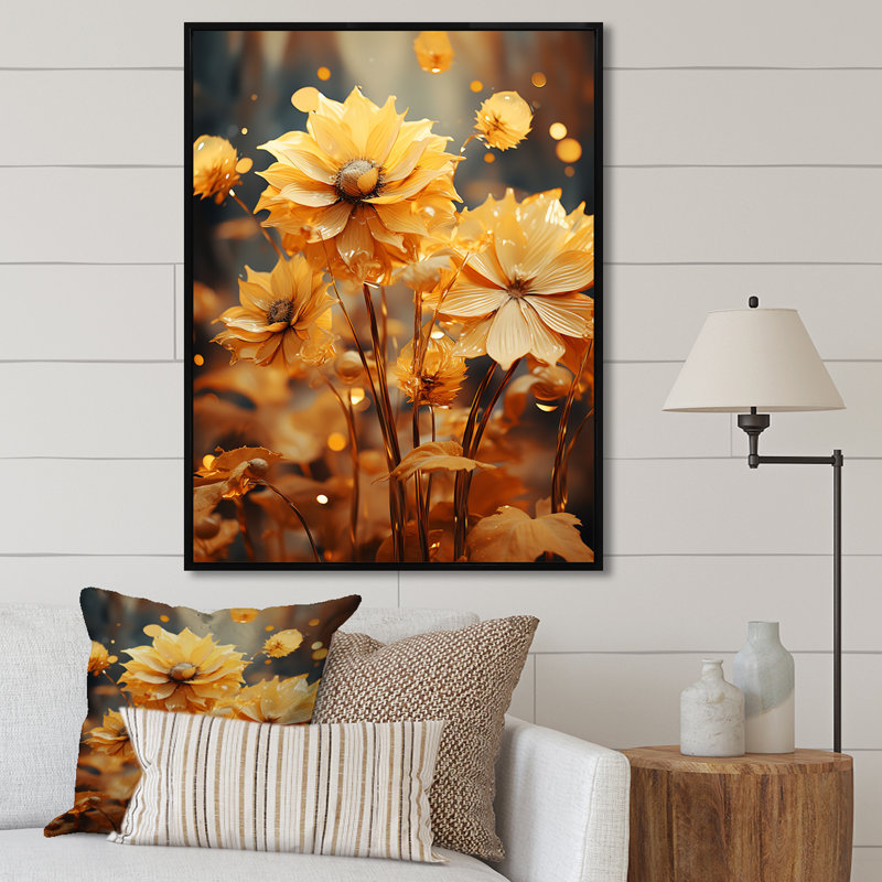 Tournesols dorés transparents sur toile, Cadre flottant noir, 32" H x 16" W