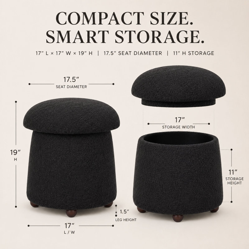 Tabouret rond avec rangement caché en sherpa Schick, 17 po, noir, Noir