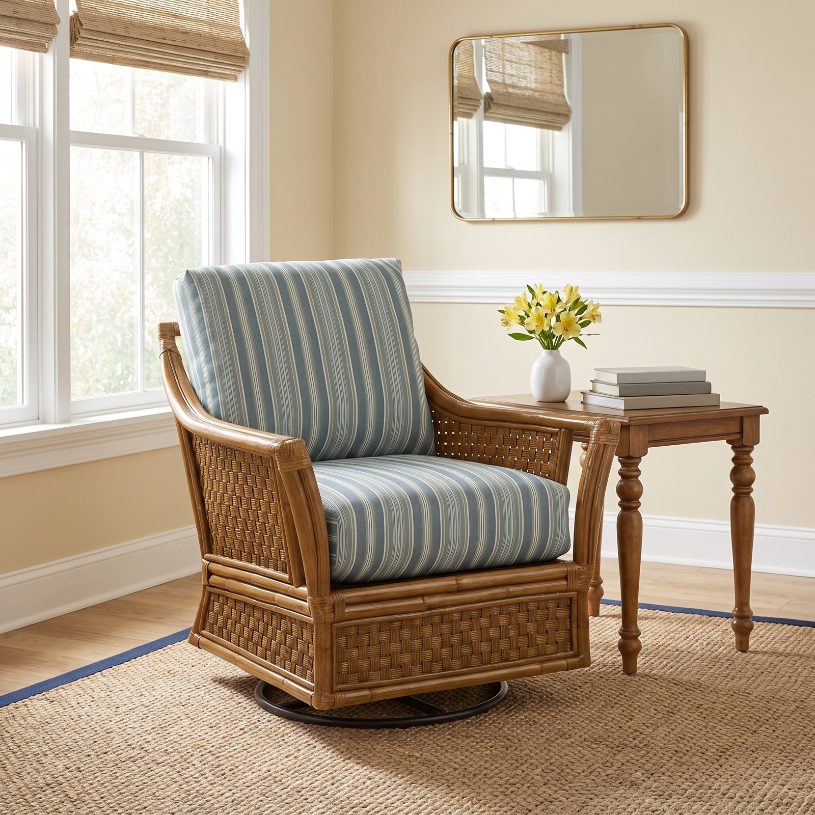 Boca Upholstered Swivel Armchair, Light Blue and White Stripe; 0256-54, Java