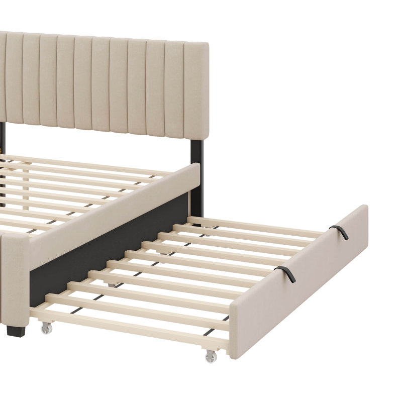 Full Velvet Platform Bed With Twin-Sized Pull-Out Trundle Compartment, Beige