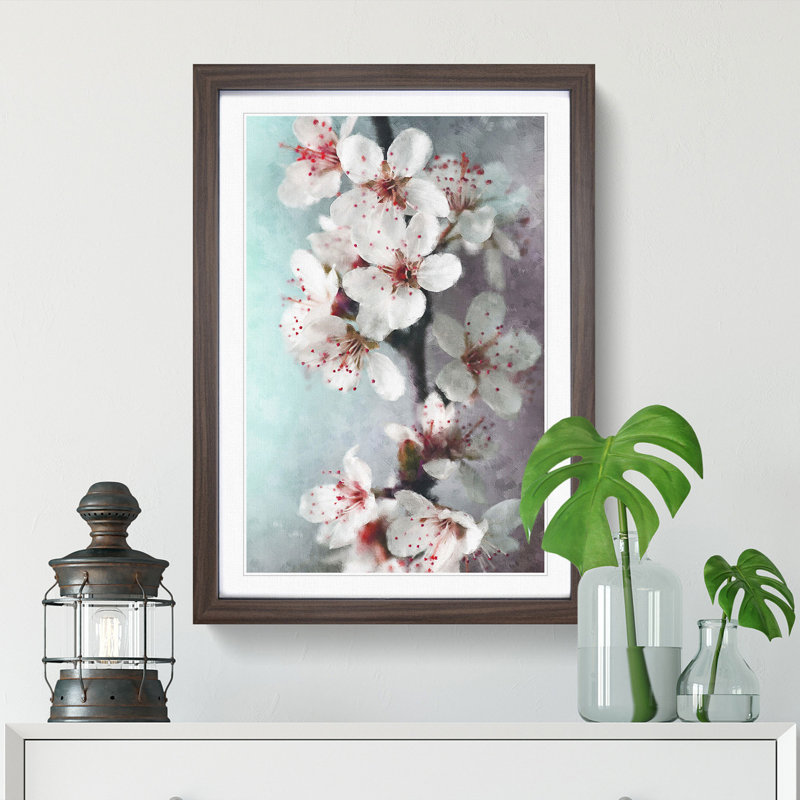 White Blossoms - Picture Frame Painting Print, 33cm H x 24cm W x 2cm D, Walnut Framed