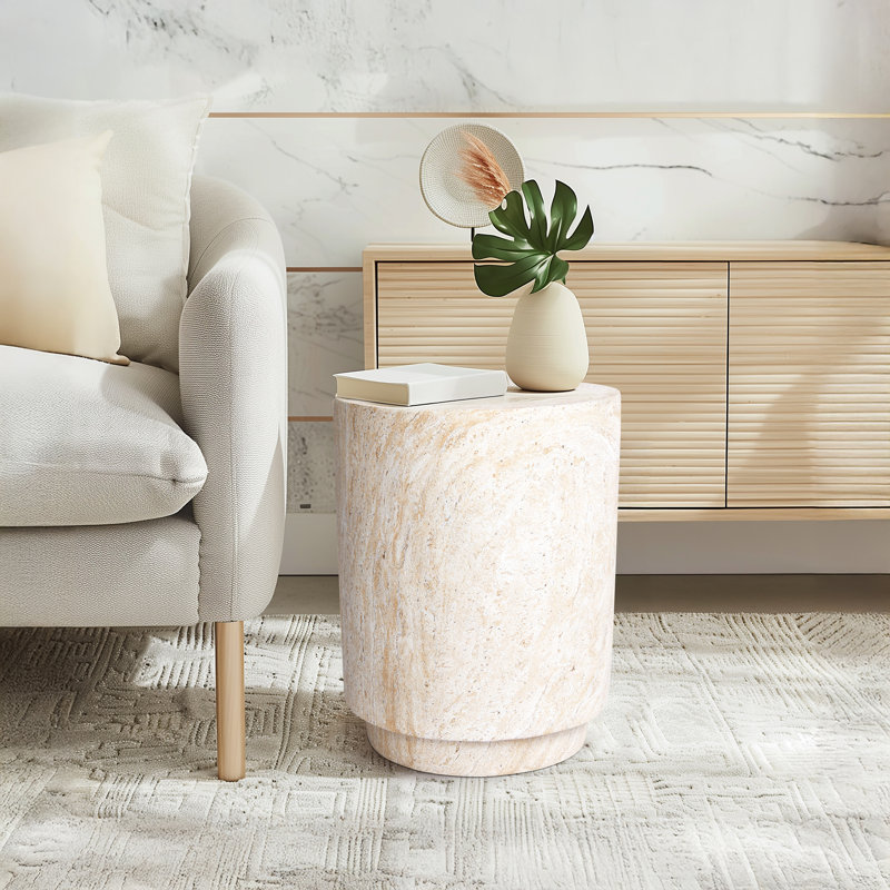  Cylinder Travertine Stone Finish Italian Design MgO Side Accent Table