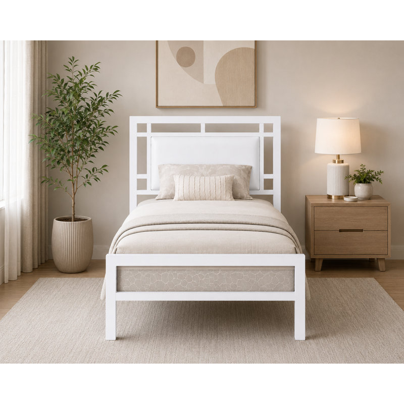 Lit plateforme en métal avec tête de lit tapissier, sans cordon requis, moderne, blanc, simple, Lit simple, Blanc