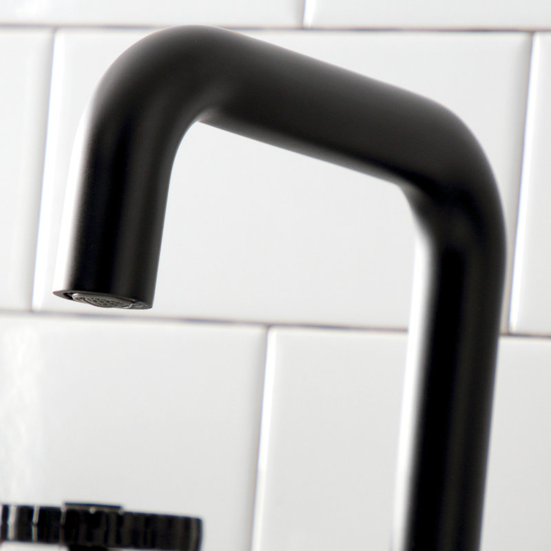 Kingston Brass Fuller Two-Handle 3-Hole Deck Mount Widespread Bathroom Faucet with Push Pop-Up Drain, Matte Black
