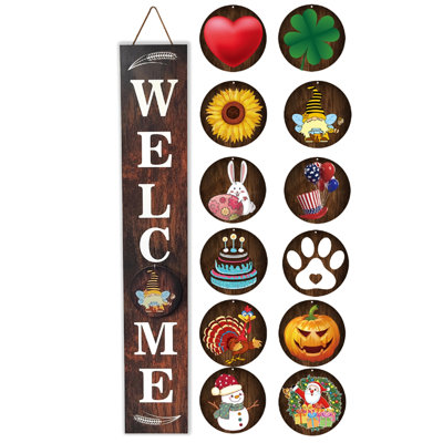 12 Seasonal Interchangeable Signs Set, 47 Inch Tall Standing Vertical Welcome Sign For Front Porch Door Decor, Brown Wooden Yard Sign