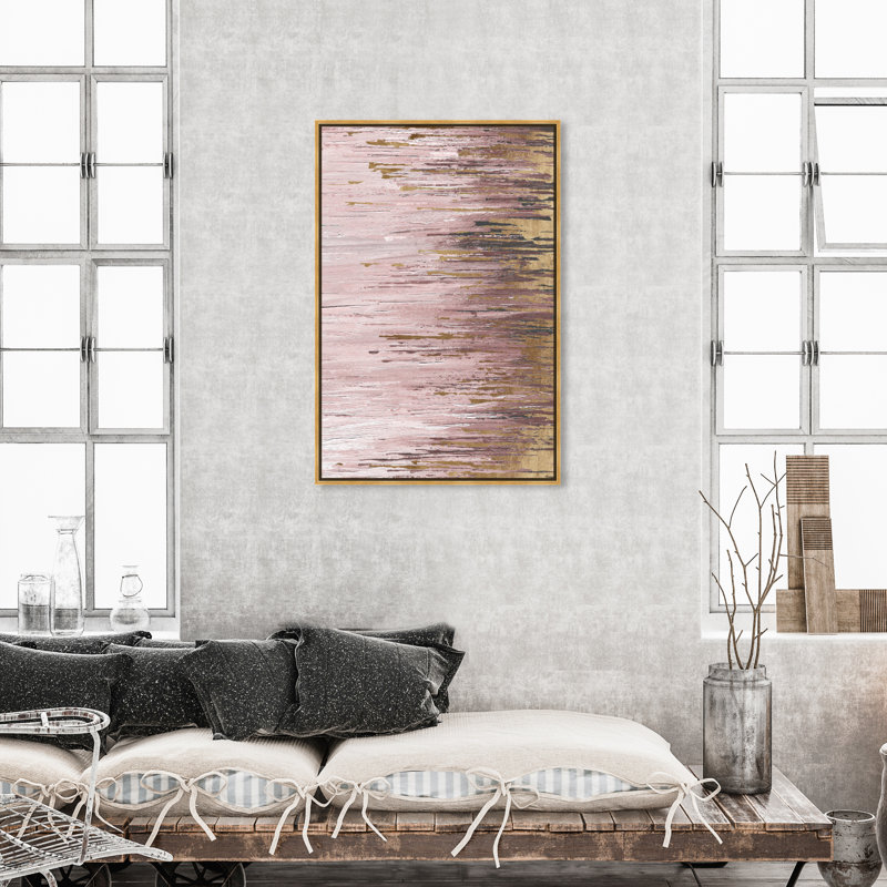 «Blush Rains Duet I», peinture sur toile, H 45 po x l 30 po, Toile encadrée d'or