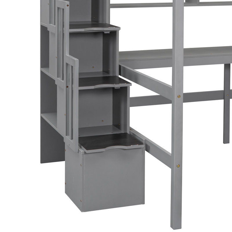 Lit mezzanine double avec bureau intégré, bibliothèque, tablettes, escalier de rangement, Gris