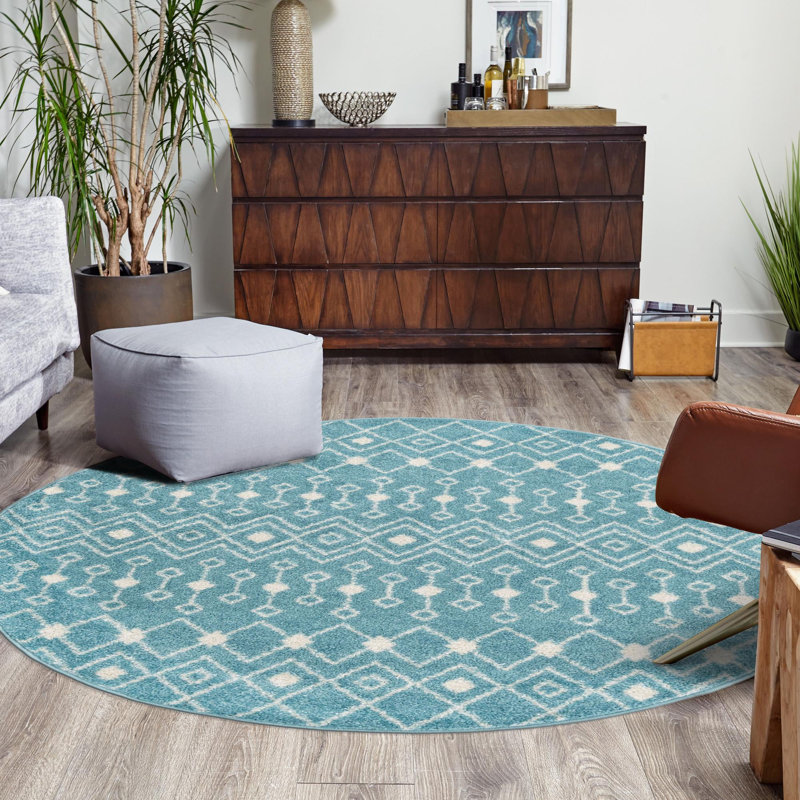 Tapis bleu turquoise en polypropylène tissé à la machine Briehn, Rond 5 pi 3 po