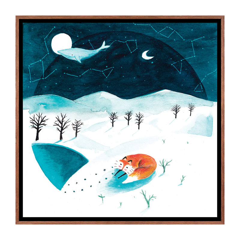 Fox and Whale Winter - reproduction, Pas de tapis, H 18 po x l 18 po x 1,5 po, Toile avec cadre brun