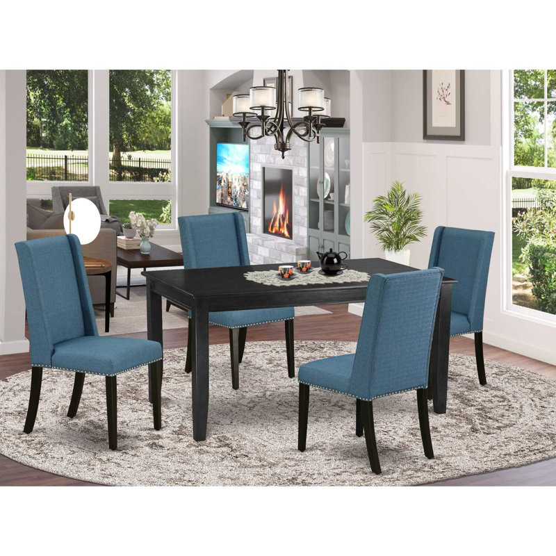 5 Piece Kitchen Table & Chairs Set Includes a Rectangle Dining Room Table and 4 Blue Linen Fabric Parsons Dining Room Chairs, Black