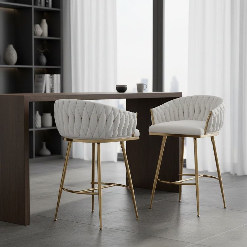 Glam Tufted Bar Stools (Set of 2) -  Upholstered Counter Stools with Gold Metal Legs for Kitchen & Ba, White