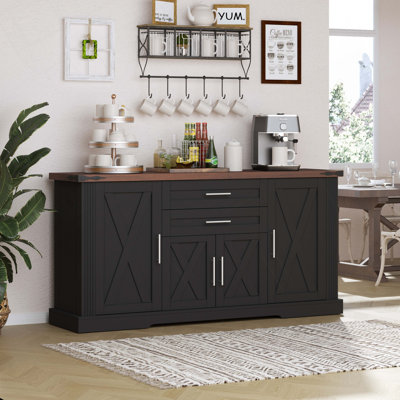 63" Farmhouse Barn Door Storage Cabinet With 2 Drawers & Door Rack, Large Buffet Table Coffee Bar Cabinets With Adjustable Shelves For Kitchen, Living Room, Entryway, Dining Room