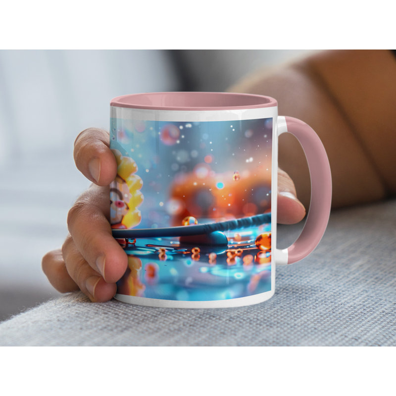 Set of 2 3D Design 11oz Accent Mugs – Ceramic Coffee Cups with a Pink Handle and Interior