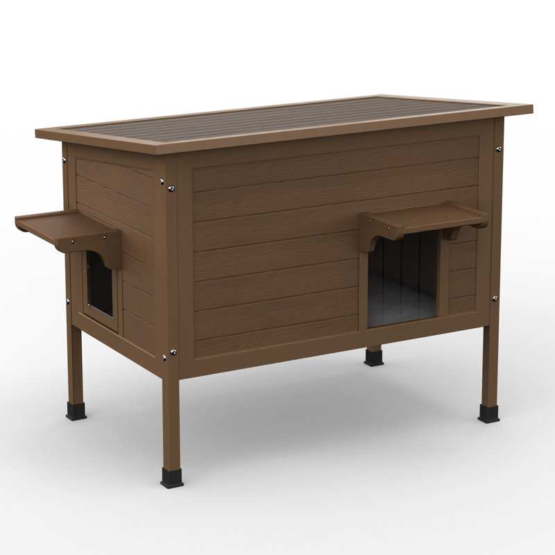 Maison pour chat d'extérieur en bois massif chauffé avec coussin chauffant, Brun