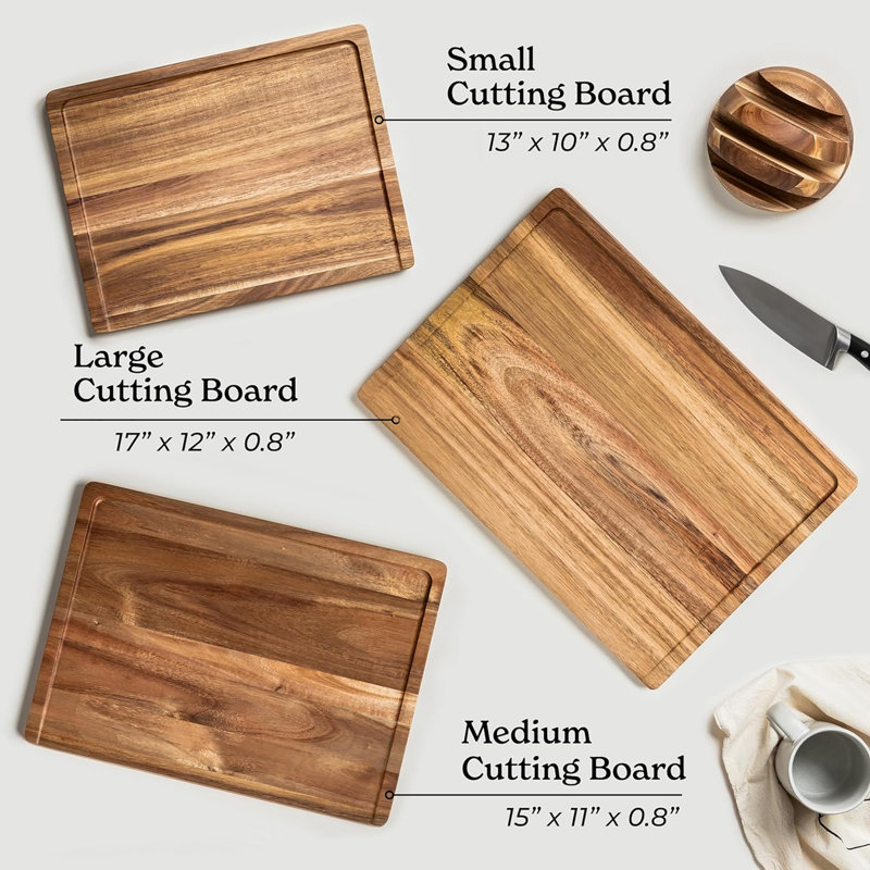Ensemble de 3 planches à découper en bois d'acacia avec support pour la cuisine