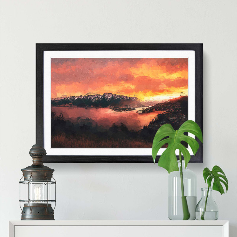 Sunset over Queenstown in Abstract - Picture Frame Graphic Art Print, Black Framed, 48cm H x 65cm W x 2cm D