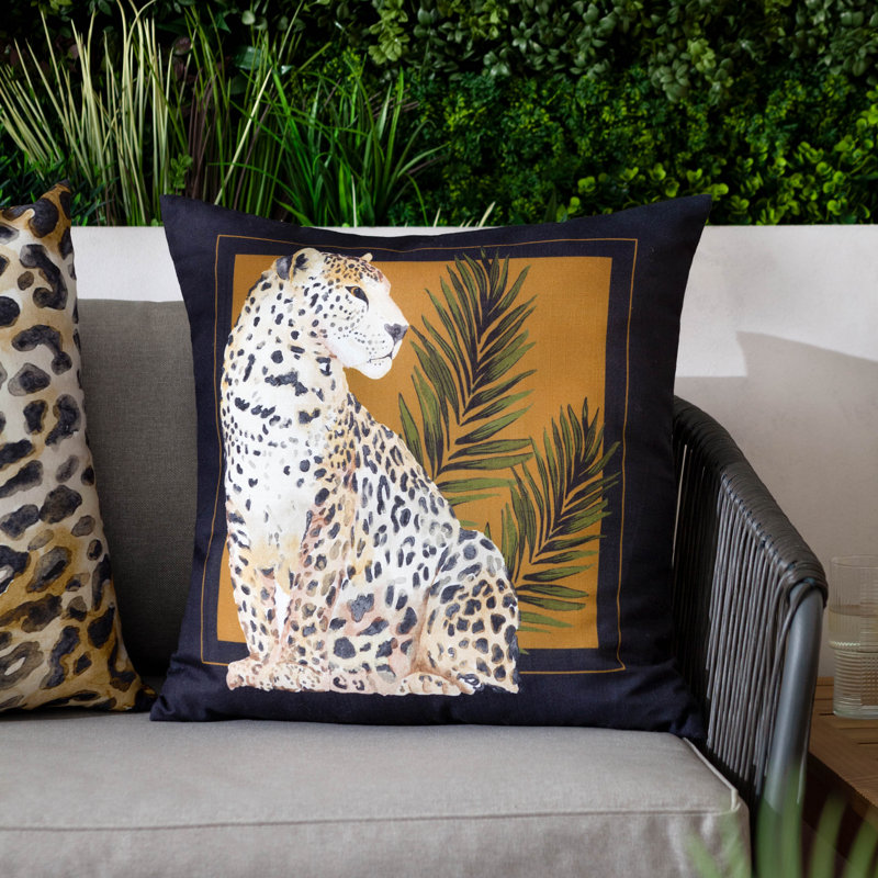 Leopardis Cat Indoor / Outdoor Animal Print Black Square Cushion, Polyester