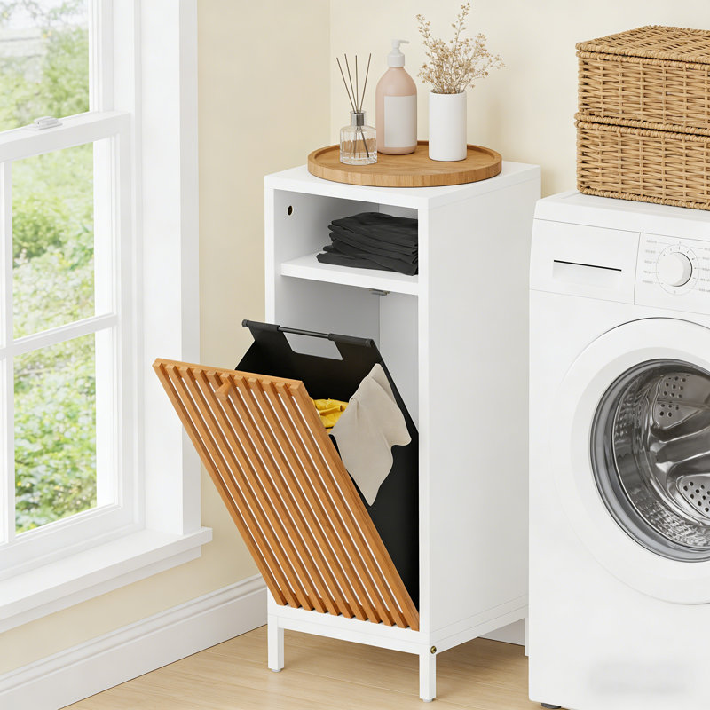 Laundry Hamper Cabinet with Bamboo Front and Removable Basket