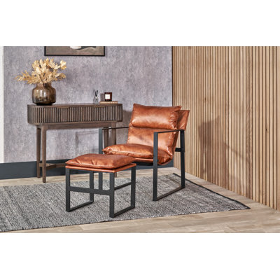 Upholstered Full Grain Leather Accent Chair With Footstool