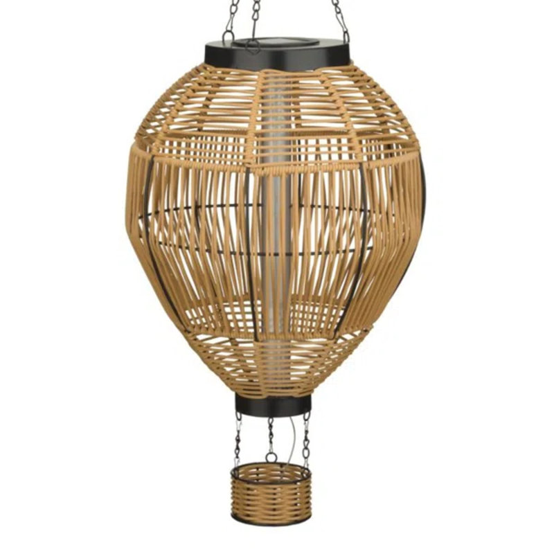 Wicker Hanging Solar Hot Air Balloon Lantern with Glass Panels and Metal Frame, 11.5" H x 11.5" W x 28.5" D