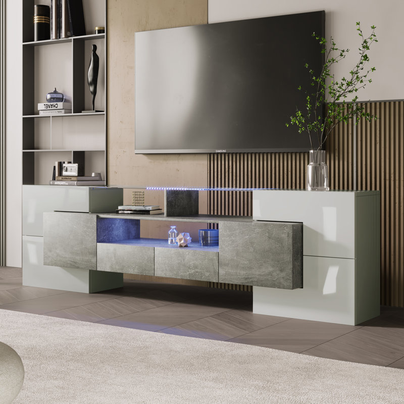 Meuble télé élégant, Lowboard - Blanc ultrabrillant, 78,7 po avec éclairage DEL. Mobilier de salon. Design moderne. Surface en verre élégante.