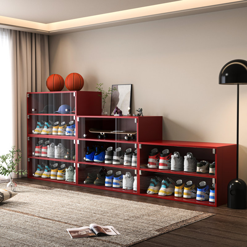 Boîte à chaussures à porte en verre rouge avec éclairage DEL - peut accueillir 6 paires, 32 po Armoire en bois profonde d'une hauteur de 7,68 po, conception américaine