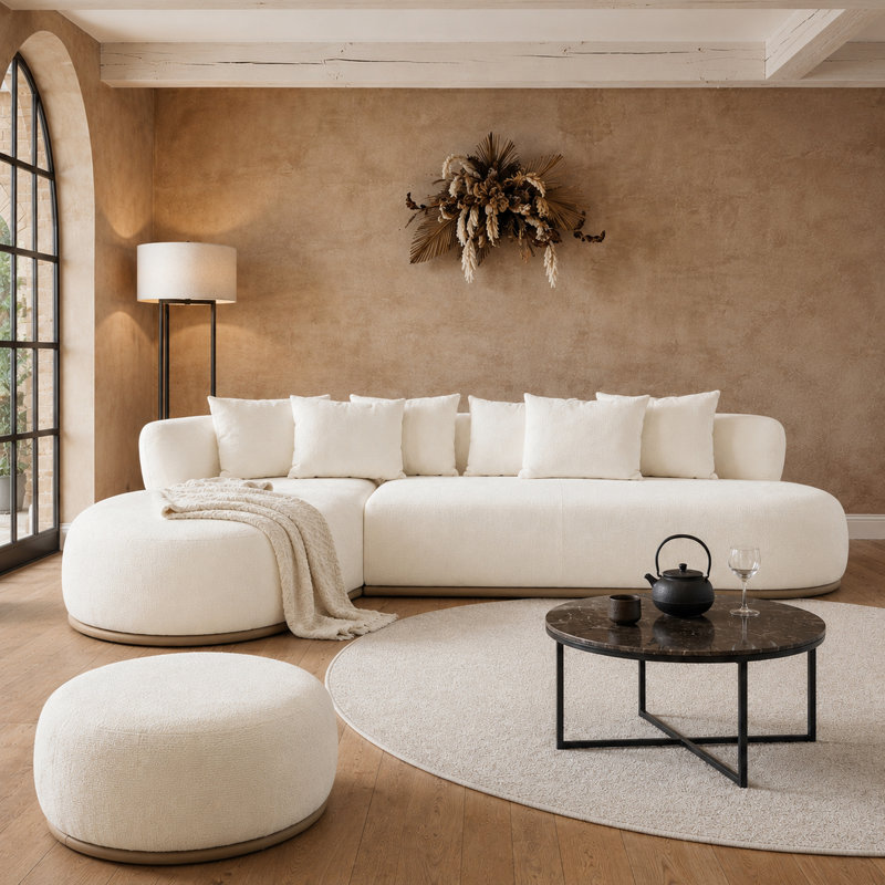 Upholstered 135 " Polyester L-Shaped Sectional, Beige, Left Hand Facing