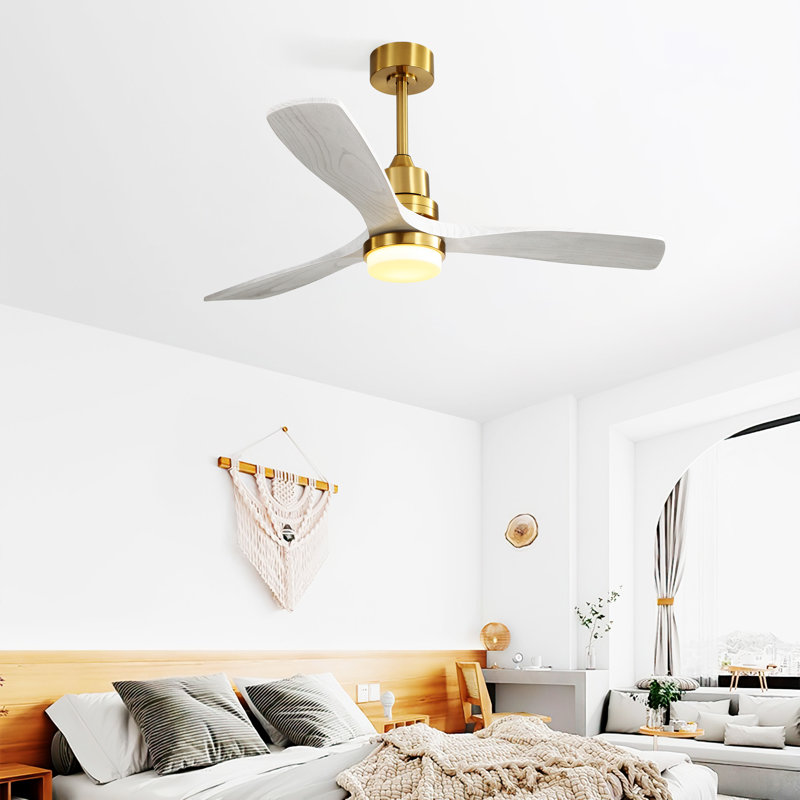 52 Inch White and Gold Ceiling Fan with Solid Wood Blades and Remote