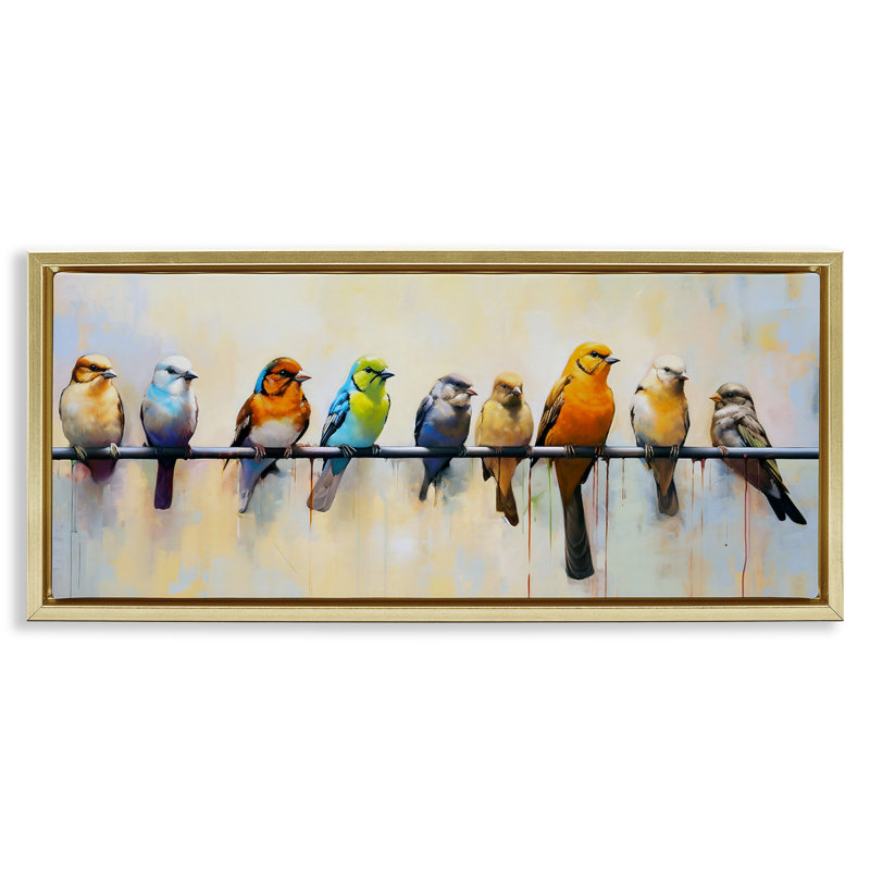 Oiseaux modernes perchés, Cadre flottant métallique doré, H 14 po x l 31 po