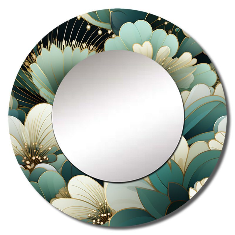 Rondee Damask Green Art Decor Pattern - damask  Decorative Mirror, Boho Round Wall Mirror, Printed Metal Art, 29" x 29"