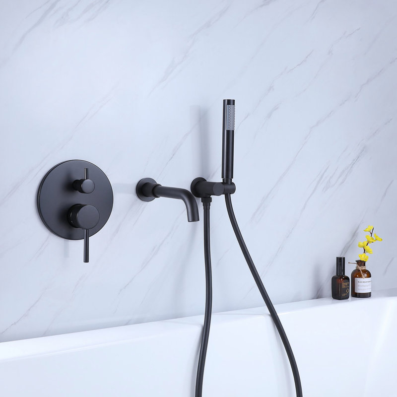 Robinet de baignoire et de douche noir mat à 2 poignées - Fabrication en laiton, équilibré, résistant à la rouille, douche à main, GPM, nickel, avec vis de fixation à fixation murale pour laiton massif